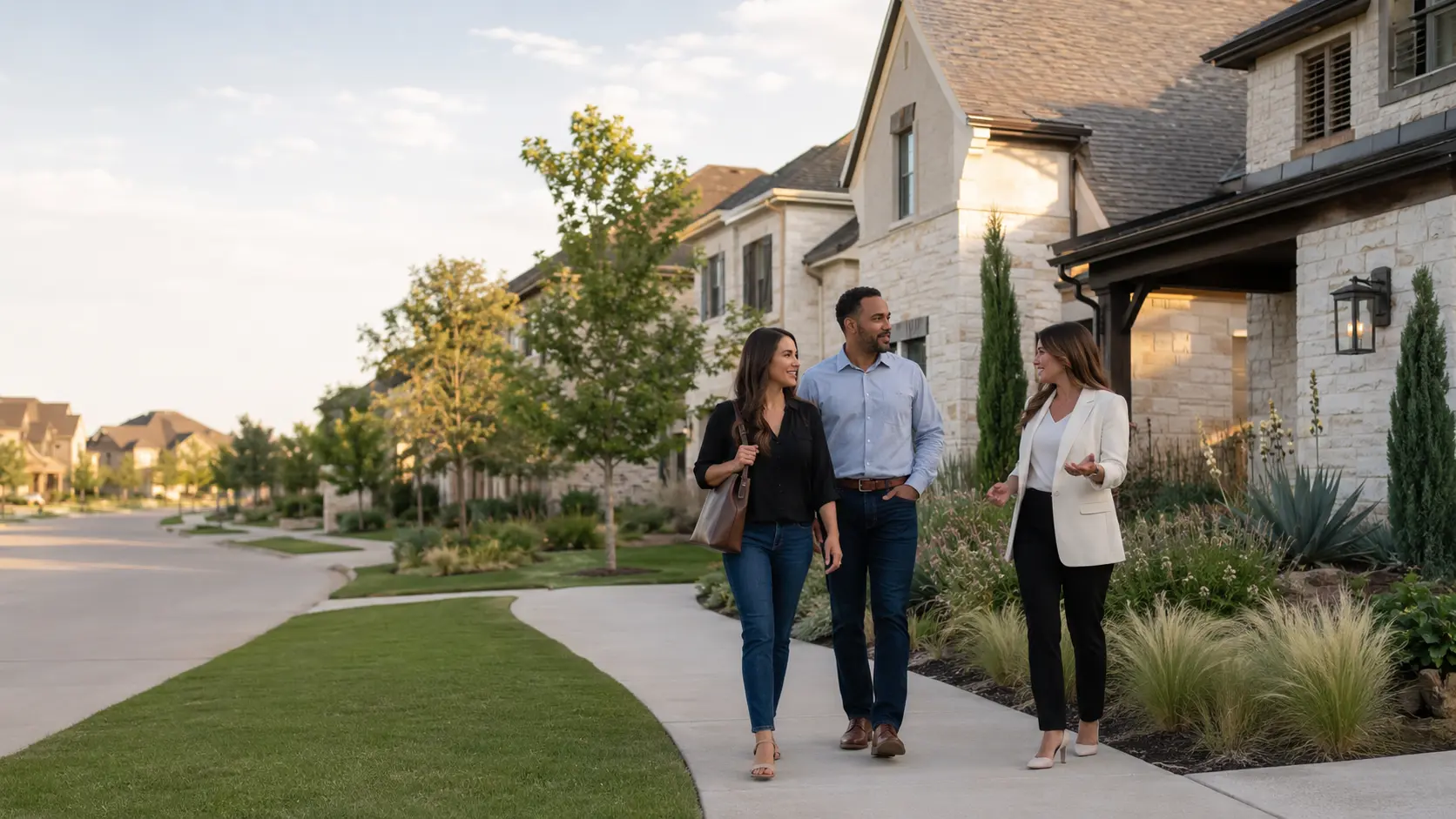 Prosper homebuyers walking through a North Texas neighborhood with their buyer's agent